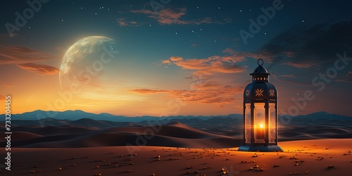 Lantern in the desert at night. Ramadan Kareem background, copy space. Generative AI