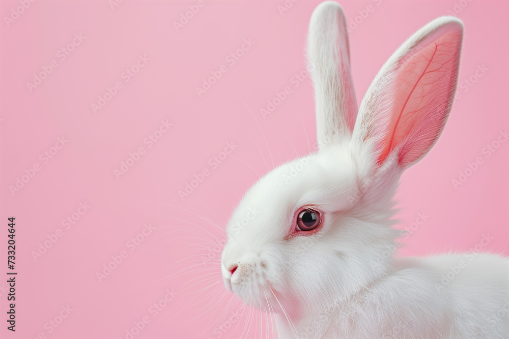 White rabbit ears on pastel pink background with copy space.Easter concept.