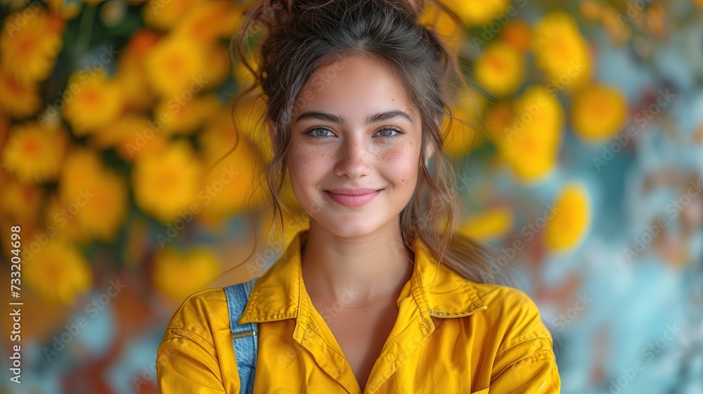 Dziewczyna w żółtej koszulce przed żółtymi kwiatami - obrazy, fototapety, plakaty 