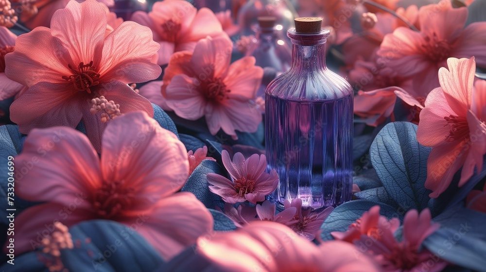 Niebieska butelka perfum otoczona różowymi kwiatami urody - obrazy, fototapety, plakaty 