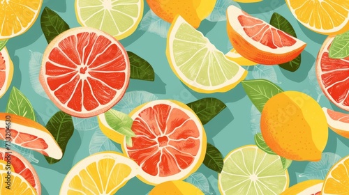 Fresh citrus fruits. Orange, lemon, grapefruit. Vintage 60s style food background