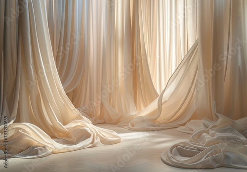 Theatrical Elegance: Stage with Soft Fabric Curtains and Pelmets, Dramatic Ambiance, Theatrical Setting, Classic Elegance, Stage Design, Performance Art, Velvet Drapes, Artistic Expression, Grandeur,