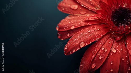 Gerber daisy macro with droplets, dark background, copy space