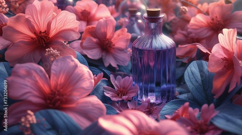 Niebieska butelka perfum otoczona różowymi kwiatami urody photo