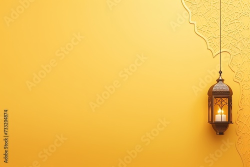 muted yellow flat background with Islamic ornament and lantern, Generative AI