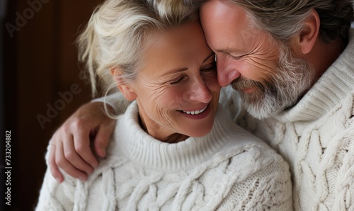 Beautiful professional mature model couple at Valetines day, candid shot of a close up of a very beautiful happy mature couple with opened round eyes wearing knitted sweater 