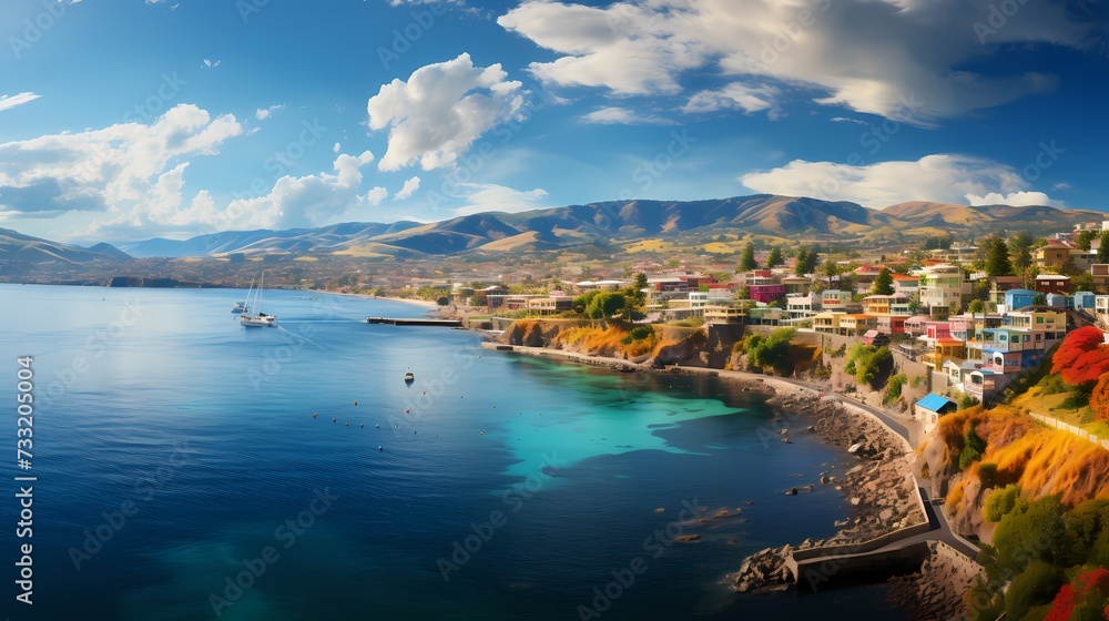 A top view of a vibrant rainbow spanning across a serene coastal town, with fluffy clouds and colorful houses, inviting you to explore its charming streets