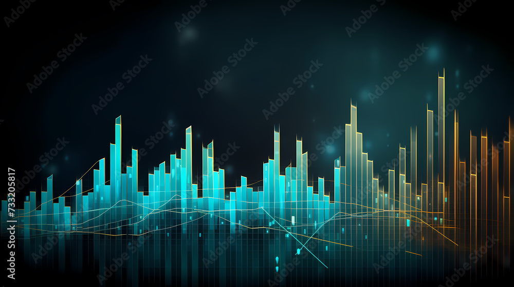 Stock market chart background, financial forecast illustration with glowing trend lines