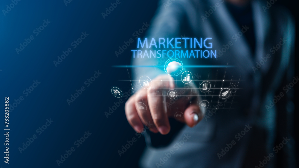 Marketing Transformation: Embracing Future Trends with Virtual Screens and Businessman's Hands Marketing Transformation: Embracing Future Trends with Virtual Screens and Businessman's Hands