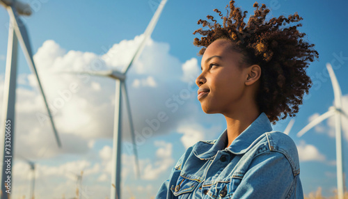 Woman standing in front of a wind farm. Clean energy generation. Energy transition. Female engineer or mechanical engineering student. African-American or African young woman. Sustainability, CSR, ESG