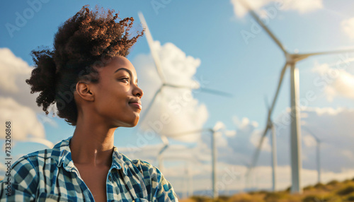 Woman standing in front of a wind farm. Clean energy generation. Energy transition. Female engineer or mechanical engineering student. African-American or African young woman. Sustainability, CSR, ESG