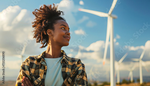 Woman standing in front of a wind farm. Clean energy generation. Energy transition. Female engineer or mechanical engineering student. African-American or African young woman. Sustainability, CSR, ESG