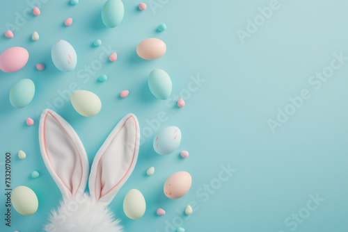 White rabbit ears and Easter eggs on pastel blue background with copy space. © erika8213