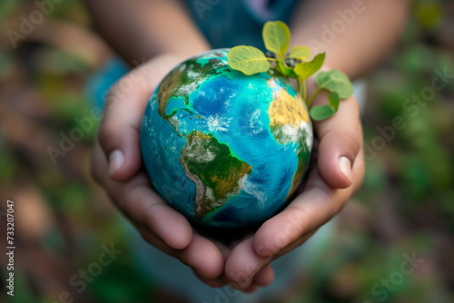 World environment and Earth Day concept with eco friendly enviroment.Hand protecting Earth.
