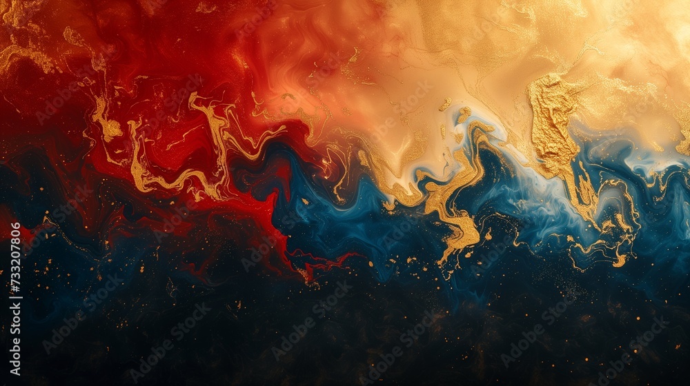 Vibrant bursts of fiery vermillion, electric blue, and sunlit gold smoke forming an energetic and dynamic abstract composition against a solid onyx backdrop. 