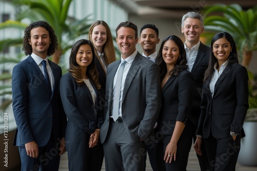 image of confident business team posing with it's male leader at a corporate office, generative ai