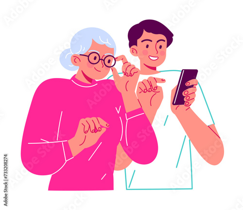 Man helping senior old woman to use smartphone