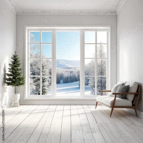 Mock up of empty room in white color with winter landscape in window. Scandinavian interior design. 3D illustration