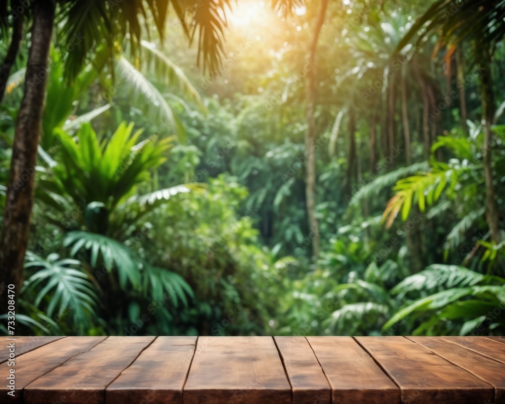 Tropical Jungle Table: Serene Empty Wooden Table Amid Lush Greenery