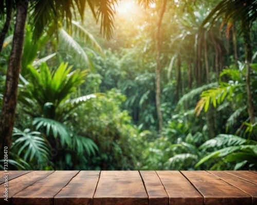 Tropical Jungle Table  Serene Empty Wooden Table Amid Lush Greenery