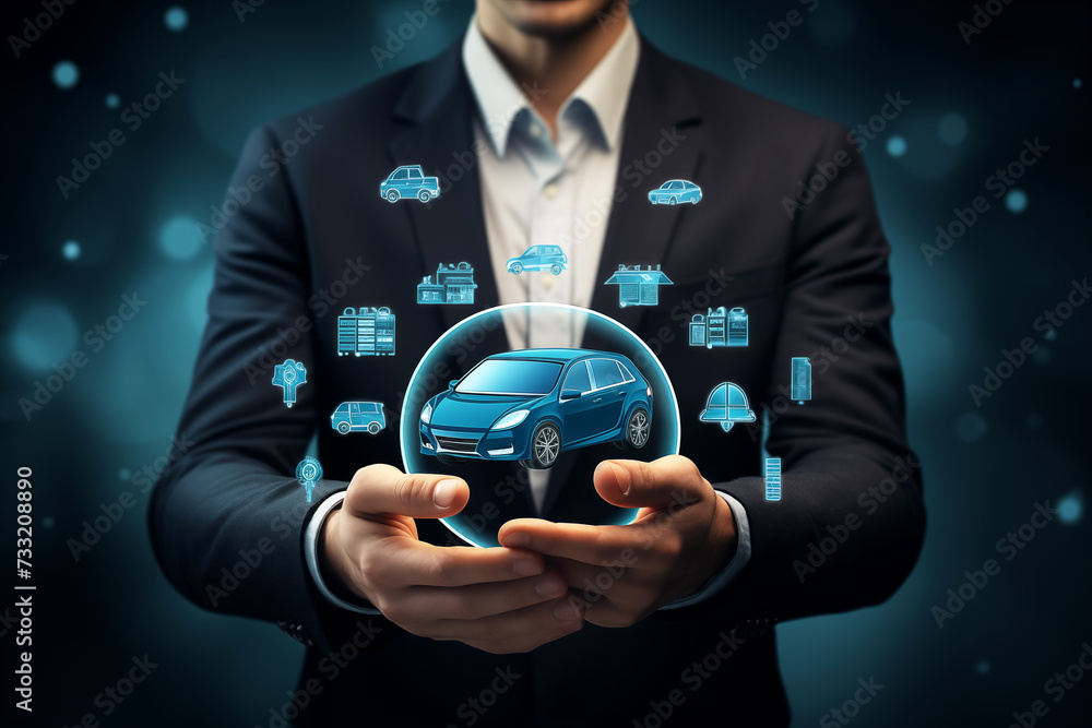 business man with protective gesture and insurance icons, car, travel , life  - obrazy, fototapety, plakaty 