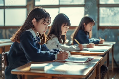 Diligent Scholars: Girls Engaged in Studying and Writing at Their Desks