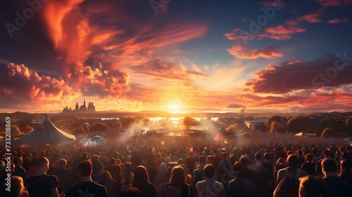 A top view of a vibrant rainbow arching over a lively music festival, with fluffy clouds and energetic crowds, capturing the excitement and energy of live performances