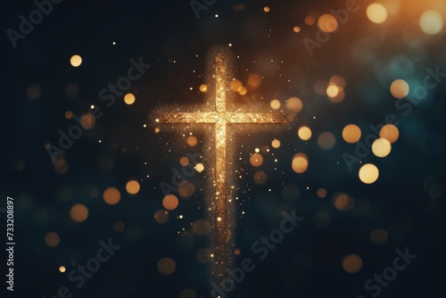 Christian cross symbol with lights on black background