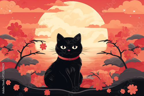 A black cat sits under a moonlit surrounded by red flowers. Lunar New Year banner.