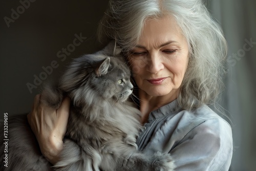A serene elderly woman gently holds her beloved grey cat  both looking out the window in a quiet  contemplative moment..