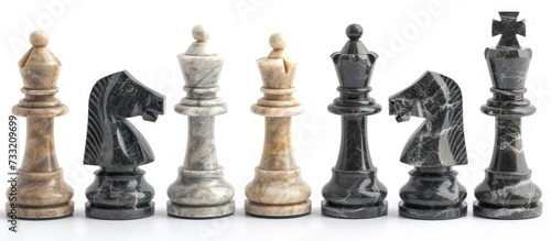 Set marble stone chess pieces collections on white background. Generated AI image