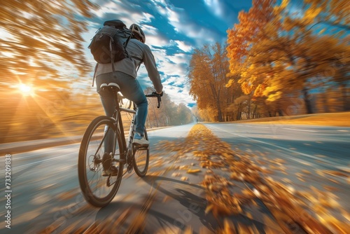 Cyclist Speeding Through an Autumn Park at Sunrise