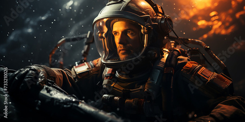 Portrait of a male astronaut in a spacesuit in space. Cosmonautics Day