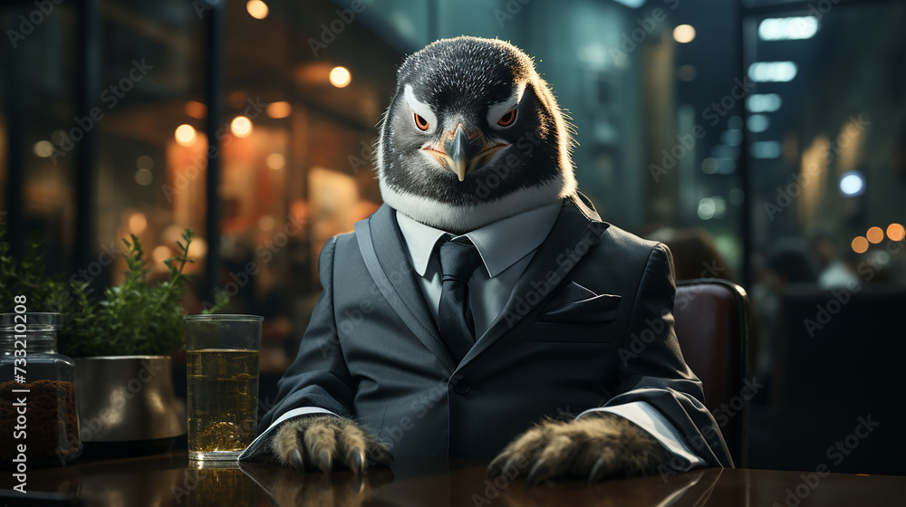 Anthropomorphic penguin in a business suit at the director's desk in the office Anthropomorphic penguin in a business suit at the director's desk in the office