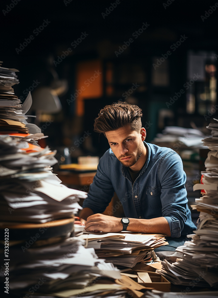 Tired young man sits in the office at the computer late at night. Overtime, deadline Tired young man sits in the office at the computer late at night. Overtime, deadline