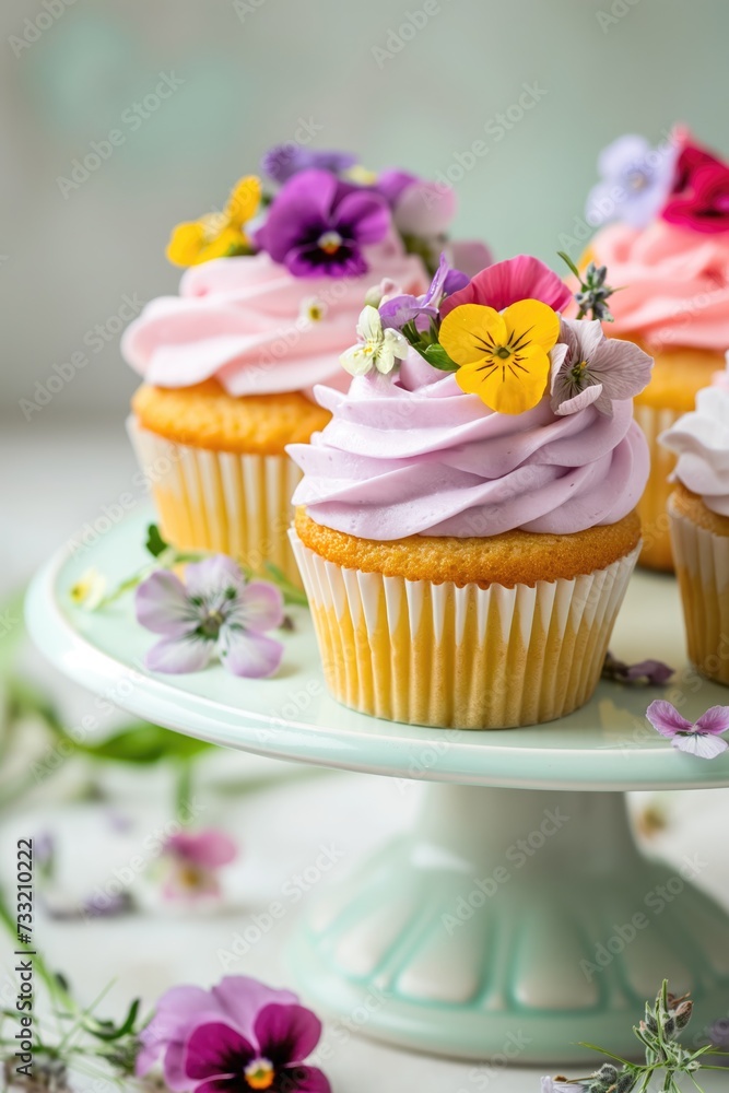 Delicate cupcakes with soft pink frosting and edible flower decorations, presented on a light pastel plate for a sophisticated dessert experience.. Delicate cupcakes with soft pink frosting and edible flower decorations, presented on a light pastel plate for a sophisticated dessert experience..