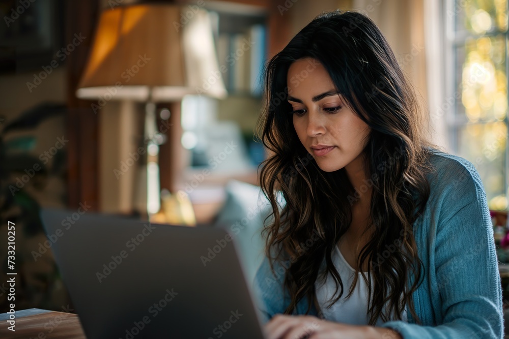 A woman engrossed in creative exploration, sits before her laptop forging a connection between her imagination and the virtual realm. A woman engrossed in creative exploration, sits before her laptop forging a connection between her imagination and the virtual realm.
