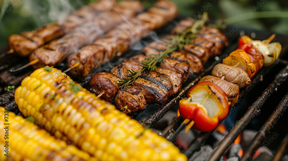 grilled meats and corn on the cob, BBQ grilled meats and corn on the cob, BBQ
