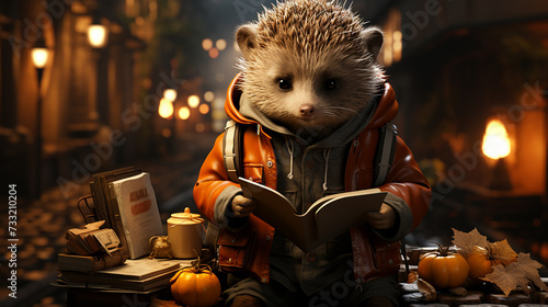 Anthropomorphic hedgehog in a hood reading a book