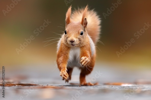 A striking red squirrel showcases its agility and elegance as it swiftly runs across the ground in a forest.