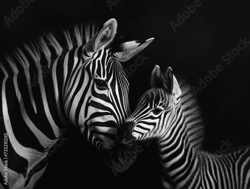 A photograph captures the emotional atmosphere as a zebra and her baby navigate the untamed wilderness. Perfect for social media  art prints  greeting cards  wallpapers  backgrounds and much more