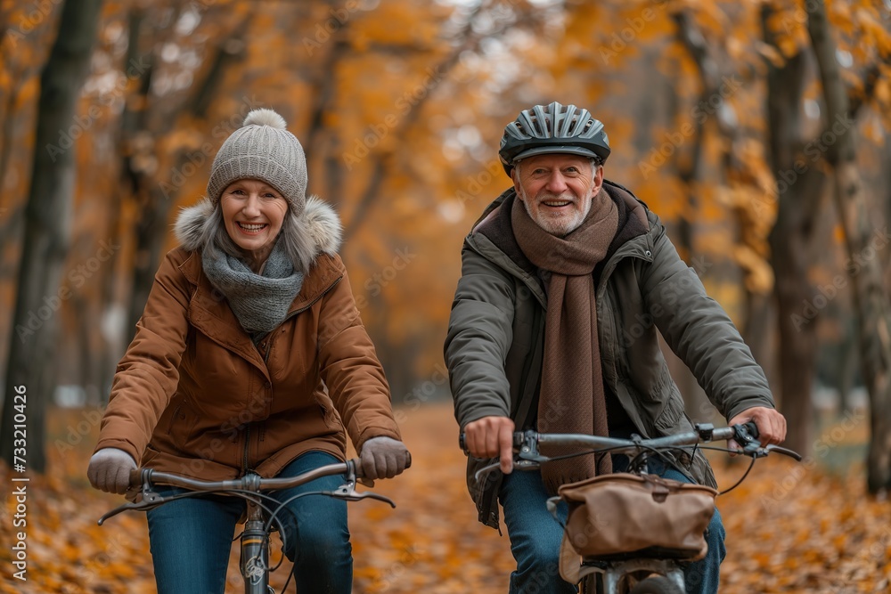 Fototapeta premium Cheerful active senior couple with bicycle in public park together having fun lifestyle. Perfect activities for elderly people. Happy mature couple riding bikes, bicycles in park
