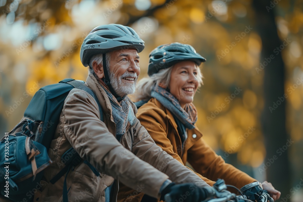 An older couple enjoys a leisurely bike ride amidst the scenic beauty of nature, embracing the joys of companionship and the outdoors.