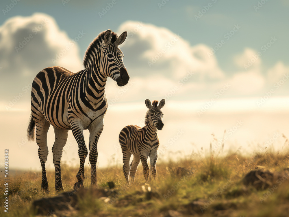 Naklejka premium A photograph captures the emotional atmosphere as a zebra and her baby navigate the untamed wilderness. Perfect for social media, art prints, greeting cards, wallpapers, backgrounds and much more