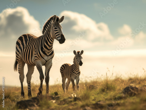 A photograph captures the emotional atmosphere as a zebra and her baby navigate the untamed wilderness. Perfect for social media  art prints  greeting cards  wallpapers  backgrounds and much more