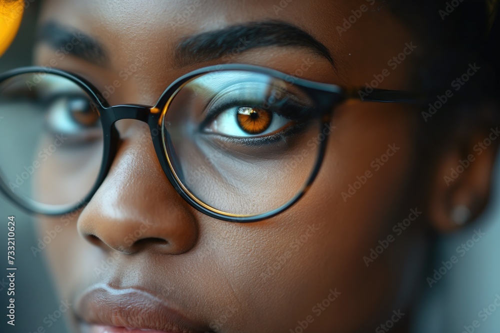 A compelling close-up showcasing a person with glasses, highlighting the elegant design and intriguing details of their spectacles. A compelling close-up showcasing a person with glasses, highlighting the elegant design and intriguing details of their spectacles.