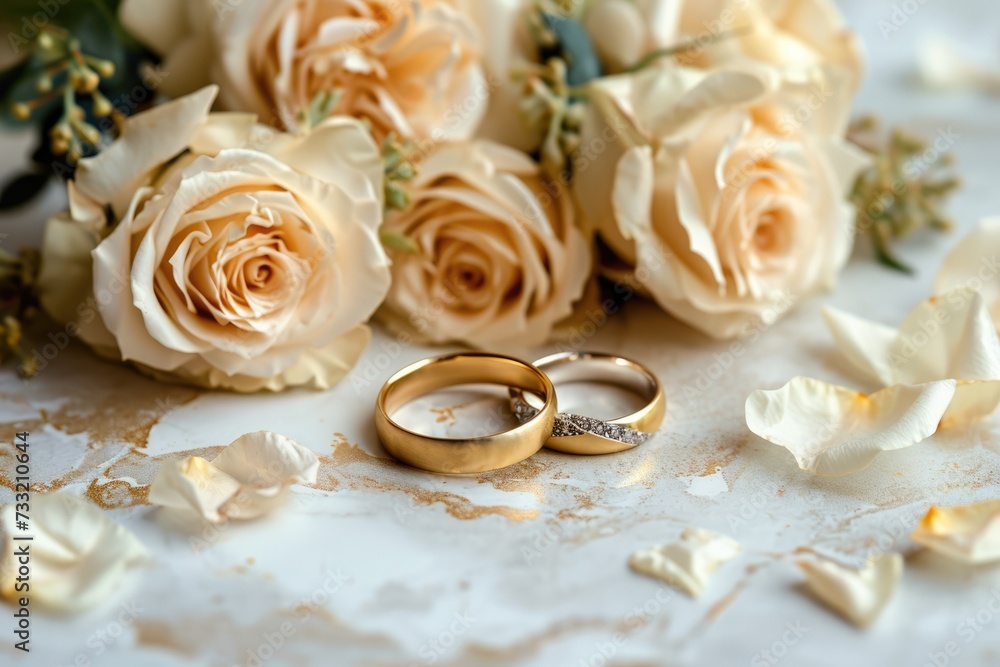 Two wedding rings and bouquet of roses Two wedding rings and bouquet of roses