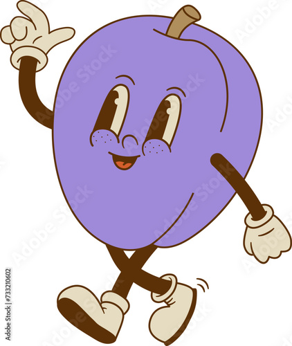 Funny plum mascot isolated on white background. Smiling retro cartoon fruit character vector illustration.