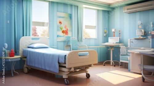 Hospital interior in a recovery or children's inpatient room with a bed and amenities