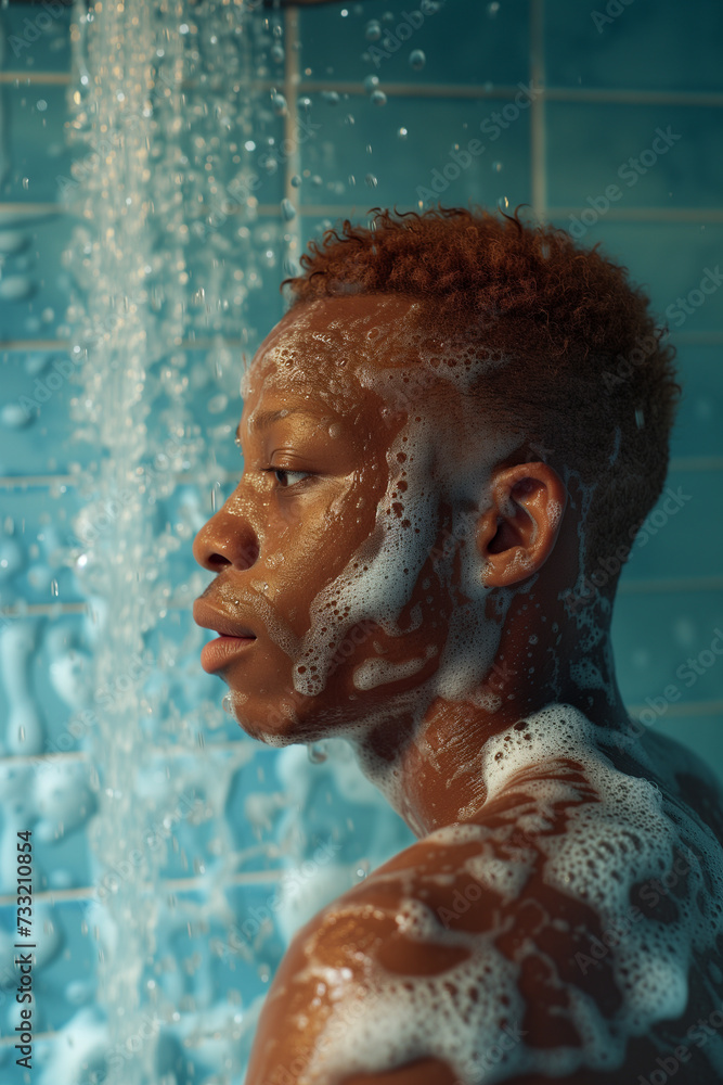 portrait of an African  man with freckles and wet short hair in shower.
